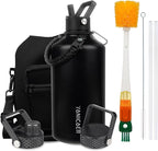 Insulated Water Bottle 128oz,Triple Wall Vacuum Stainless Steel(Dishwasher Safe),Leak Proof & Non-BPA,Flask Jug with Paracord Handle & Straw Spout Lids Sports Black