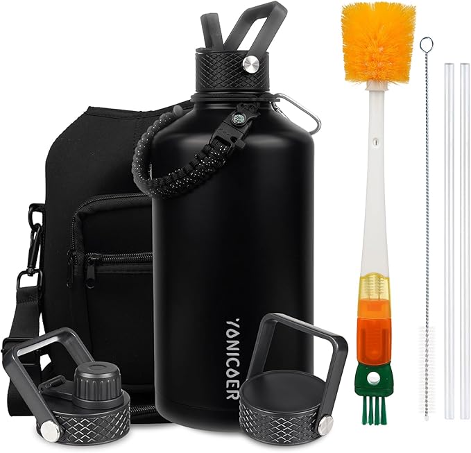 Insulated Water Bottle 128oz,Triple Wall Vacuum Stainless Steel(Dishwasher Safe),Leak Proof & Non-BPA,Flask Jug with Paracord Handle & Straw Spout Lids Sports Black