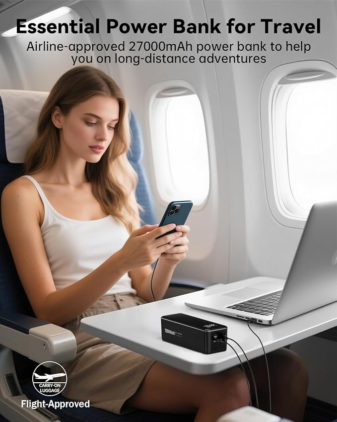 27000mah Power Bank, High Capacity 3-Port Laptop Portable Charger, 120 W Fast Charging, Smart Display for Outdoor Work, Compatible with iPhone 16/15/14 Series, Vision Pro, Samsung, MacBook and more.