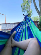 Brazilian Double Hammock 2 Person Extra Large 220x160cm Total Length 330cm Load 500lb Canvas Cotton Hammock for Patio Porch Garden Backyard Lounging Outdoor and Indoor(Blue/Green) XXL