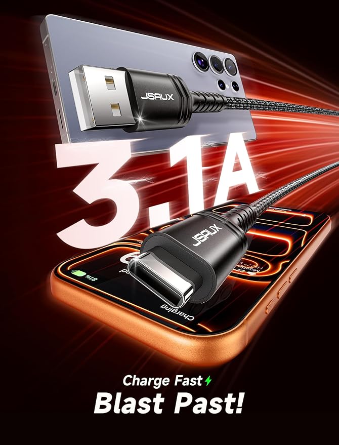 JSAUX USB C Cable [2-Pack 6.6ft], USB A to USB Cord Fast Charging for iPhone Air, iPhone 17, iPhone 17 Pro, iPhone 17 Pro Max, iPhone 16/iPhone 15 Series, Samsung S20 S10, Note 20 10,Car Play - Black