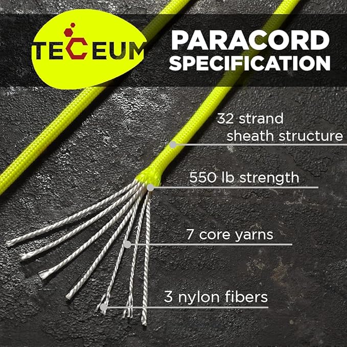 TECEUM 5/32" Paracord Rope 1000 – 1000ft / 200ft / 100ft / 50ft – Tactical Parachute Cord 4mm – 45+ Colors – Nylon String for Survival & Camping Gear – Stripe Cord for Survival – Utility Rope