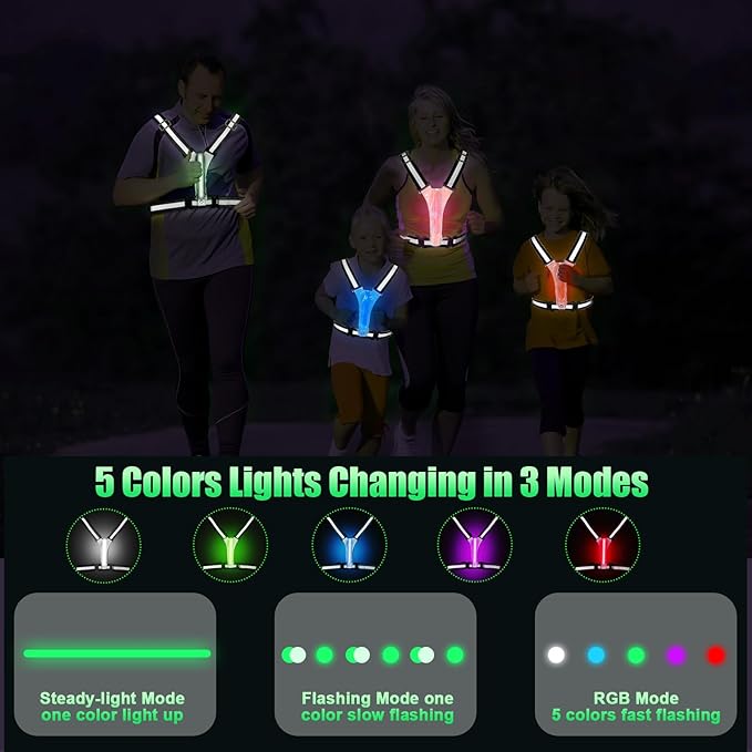 LED Reflective Vest Running Gear, 5 Colors Lights Up Running Vest for Night Walking Cycling Jogging, Adjustable Size for Men Women Kids, Rechargeable and High Visible