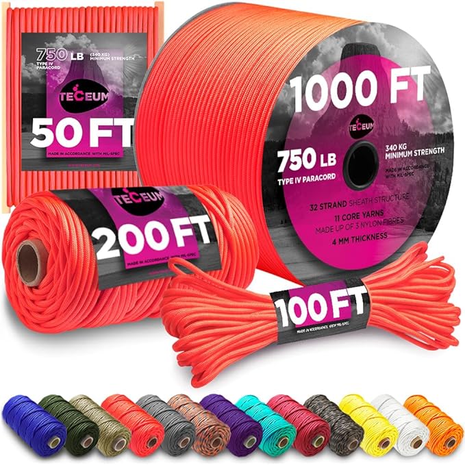 TECEUM 5/32" Paracord Rope 1000 – 1000ft / 200ft / 100ft / 50ft – Tactical Parachute Cord 4mm – 45+ Colors – Nylon String for Survival & Camping Gear – Stripe Cord for Survival – Utility Rope