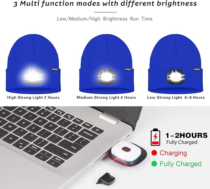 ATNKE LED Lighted Beanie Hat,USB Rechargeable 4 LED Running Headlamp Bright Cap with The Light Gifts for Men and Women