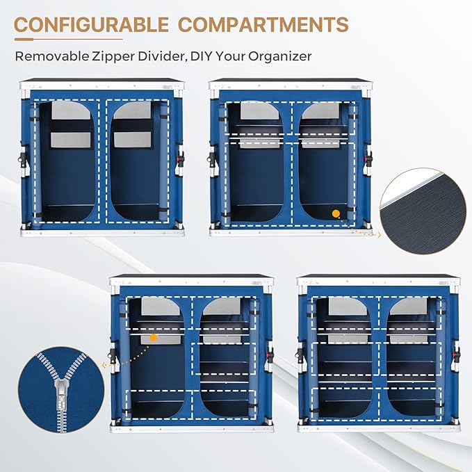 EAGLE PEAK Double Outdoor Folding Camping Table with Large 3-Tier Storage Organizer and Side Pockets, Easy Set Up Portable Aluminum Camping Kitchen, Blue