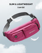 WATERFLY Small Crossbody Fanny Pack: 5 Pocket Slim Lightweight Waist Belt Hip Bag for Women Men Water Resistant Chest Pouch for Travel Hiking Running Walking Fit All Phones - Pink