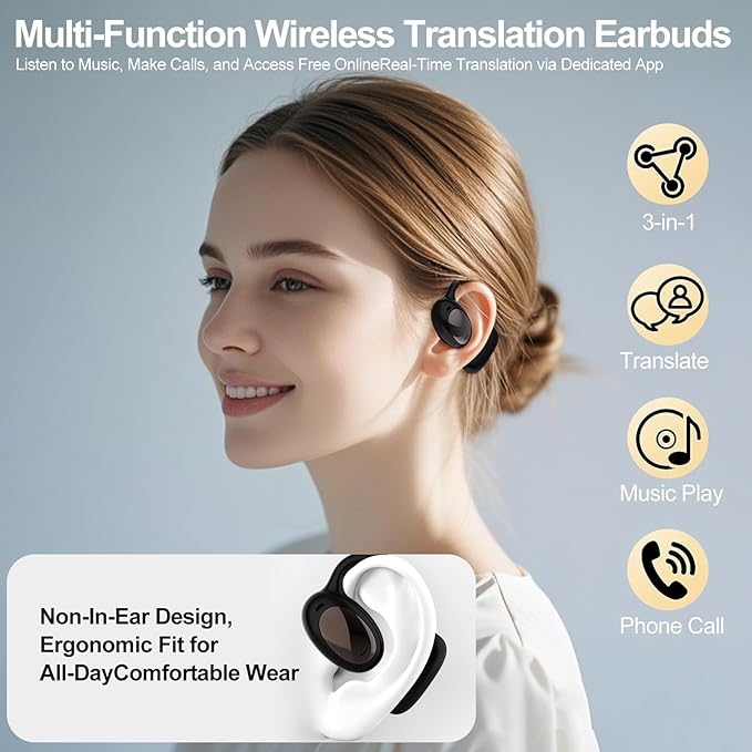 AI Translation Earbuds Real Time 3-in-1, 144 Language No Subscription Fees, Language Translator Device with APP Fit iOS & Android Bluetooth Headphones for Business Office and Travel (Bright Black)