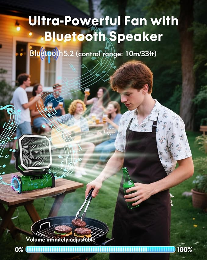 Camping Fan with Bluetooth Speaker Portable Fan,20000mAh Rechargeable Battery Powered Fans, 360° Hanging Hook for Outdoor Picnic Tent Beach Travel Barbecue, Green