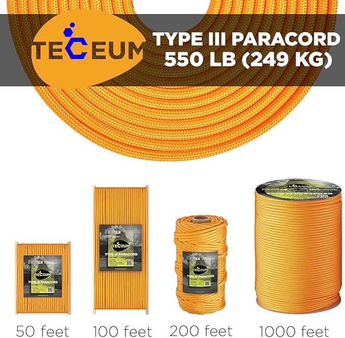 TECEUM 5/32" Paracord Rope 1000 – 1000ft / 200ft / 100ft / 50ft – Tactical Parachute Cord 4mm – 45+ Colors – Nylon String for Survival & Camping Gear – Stripe Cord for Survival – Utility Rope
