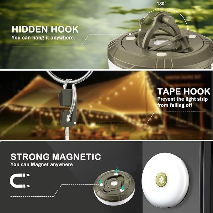 Camping String Lights, 4 in 1 Outdoor Camping Lantern with 8 Lighting Modes(32.8Ft), Quick 30s Recovery, Waterproof, Type-C Fast Charging, Portable Camping Lights for Camping/Yard/Hiking