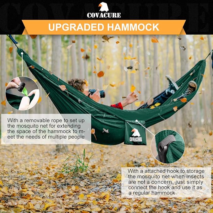 Covacure Camping Hammock - Lightweight Double Hammock, Hold Up to 772lbs, Portable Hammocks for Indoor, Outdoor, Hiking, Camping, Backpacking, Travel, Backyard, Beach（Dark Green）