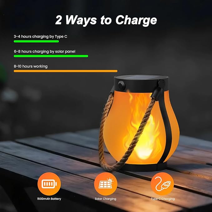 Hompavo Gen2 Solar Lanterns Outdoor Waterproof with Realistic Flickering Flame, Dual Charging (USB/Solar) & 2 Modes - Decorative Hanging/Table Lights for Yard Patio Garden Halloween Christmas Decor, 4