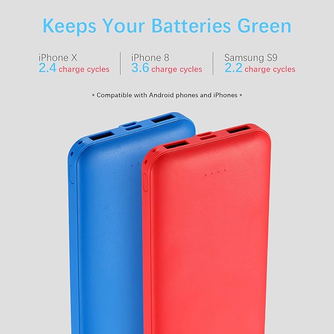 Miady 2-Pack 10000mAh Dual USB Portable Charger, Type-C Fast Charging Power Bank, Slim Backup Battery Pack Compatible with iPhone 16/15/14/13 Galaxy S24/22 iPad Android etc (Red+Blue)