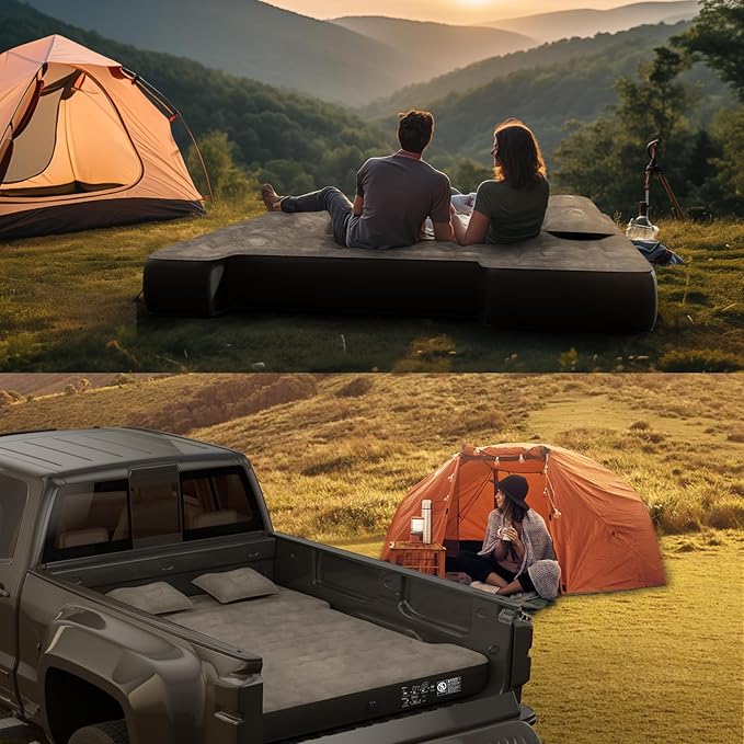 Truck Bed Mattress 5.5-5.8ft: Inflatable Air Mattress for Camping Short Truck Bed 2 Person, Air Pump 2 Pillows, Carry Bag, Khaki