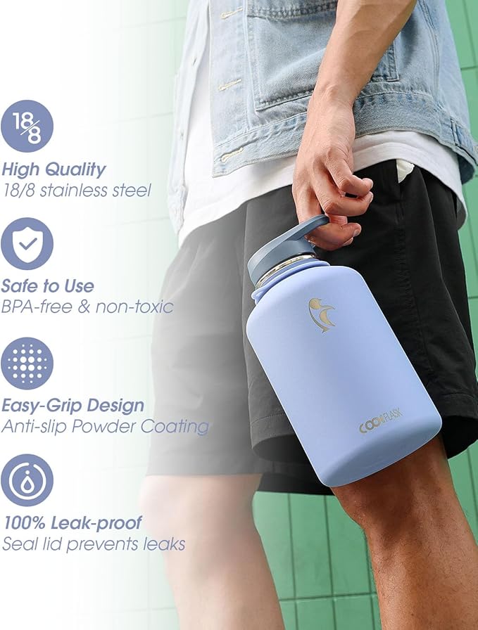 Coolflask 64 oz Water Bottle with Strap, Insulated Half Gallon Large Water Jug with Straw & Spout Lids, Stainless Steel Metal Flask, Keep Cold 48h Hot 24h, Leak Proof & Non-BPA, Dutch Blue