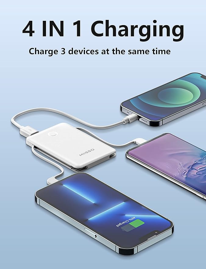 2-Pack 6000mah Ultra Slim Built in Cables Power Bank, Card Size Built in USB C Cords Battery Pack Portable Charger for Phones, 3 Output External Battery Pack Compatible with iPhone, Black & White