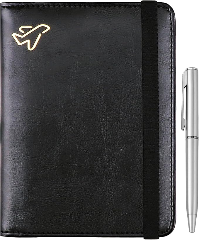 WALNEW Passport Holder for Travel, RFID Passport Cover Wallet for Women Men, PU Leather Passport Book Card Holder Case with Pen, Travelling Essentials for Flying