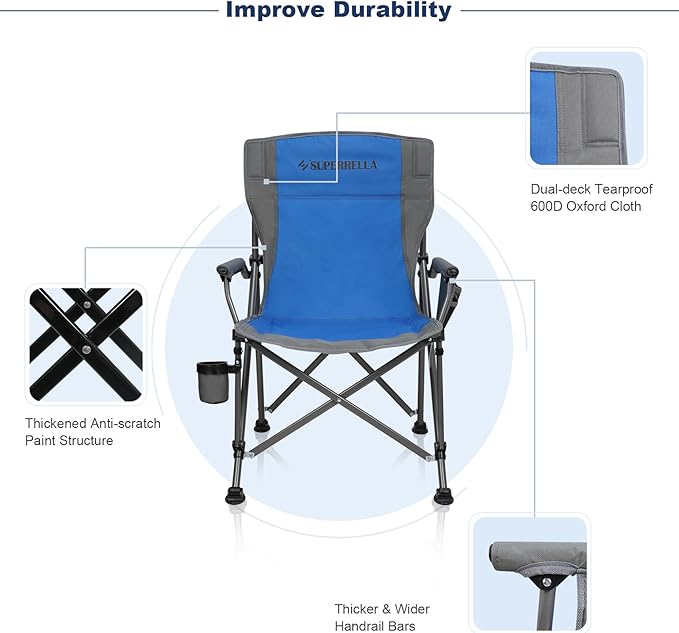 Camping Chair Folding Portable Lawn Chair Comfortable Hard Arm Sturdy for Family Camp, Outdoor, Sports, Beach, Travel, Blue, Supports 300 lbs