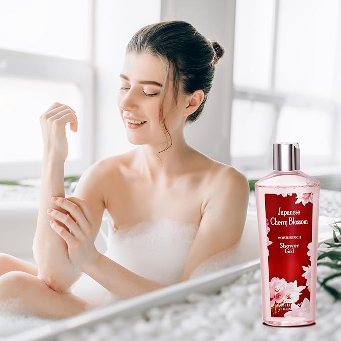 Japanese Cherry Blossom Bath and Body Set Shower Gel and Body Cream - Nourishing and Moisturizing Daily Skincare - 8 fl.oz / 236mL Each, Birthday Anniversary Wedding Gifts for Her and Him