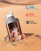 Coolflask 128 oz Gallon Water Bottle Insulated with Straw&3 Lids, Water Jug Large Stainless Steel Metal Vacuum Wide Mouth for Sports, Gym or Office, Non-BPA Keep Cold 48H Hot 24H, Dark Grey