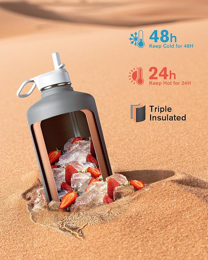 Coolflask 128 oz Gallon Water Bottle Insulated with Straw&3 Lids, Water Jug Large Stainless Steel Metal Vacuum Wide Mouth for Sports, Gym or Office, Non-BPA Keep Cold 48H Hot 24H, Dark Grey