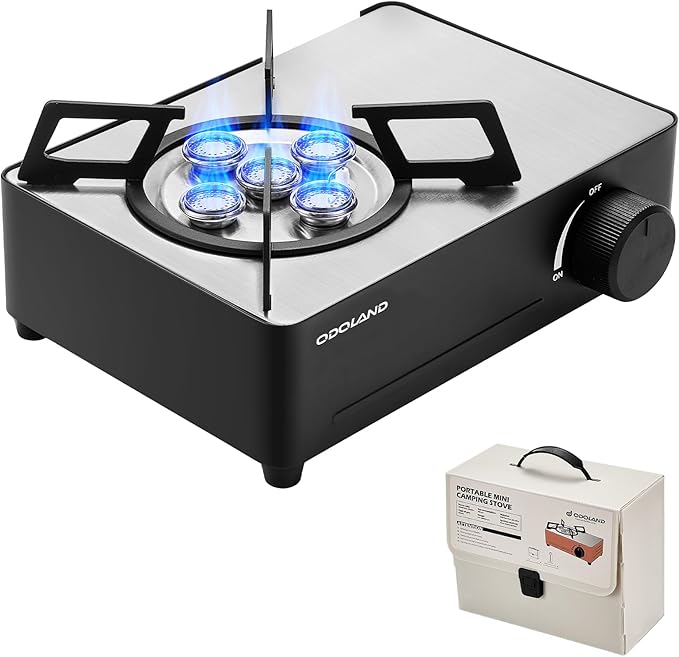 Odoland 7500BTU Camping Butane Stove with Compact Carry Case, CSA Certified Portable Gas Stove for Backpacking,Picnic,Outdoor Adventures,Black
