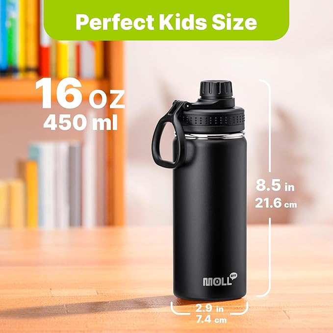 Kids Insulated Water Bottle-16 oz Stainless Steel Vacuum Wide Mouth Sports Flask with Silicone Boot-Reusable Metal Leak Proof Travel Water Bottle for Girls Boys, BPA-Free(Black)