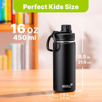 Kids Insulated Water Bottle-16 oz Stainless Steel Vacuum Wide Mouth Sports Flask with Silicone Boot-Reusable Metal Leak Proof Travel Water Bottle for Girls Boys, BPA-Free(Black)