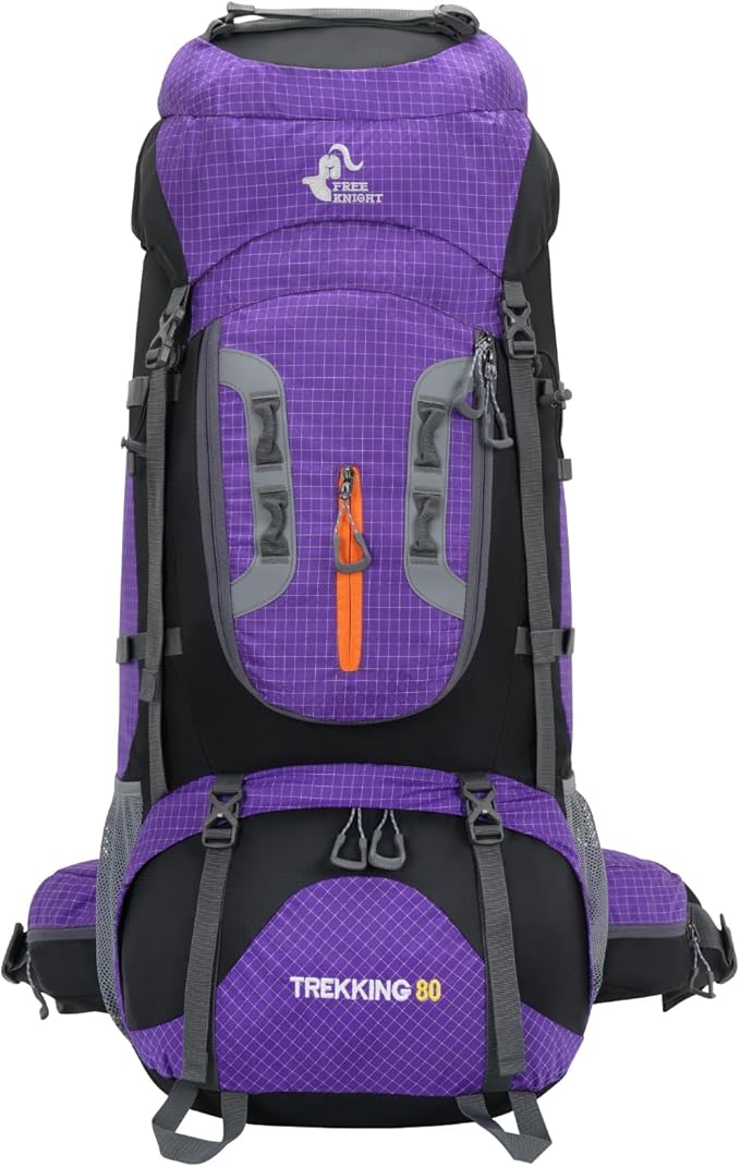 Bseash 80L Waterproof Hiking Camping Backpack with Rain Cover, Lightweight Outdoor Sport Travel Daypack for Climbing Touring (Purple)