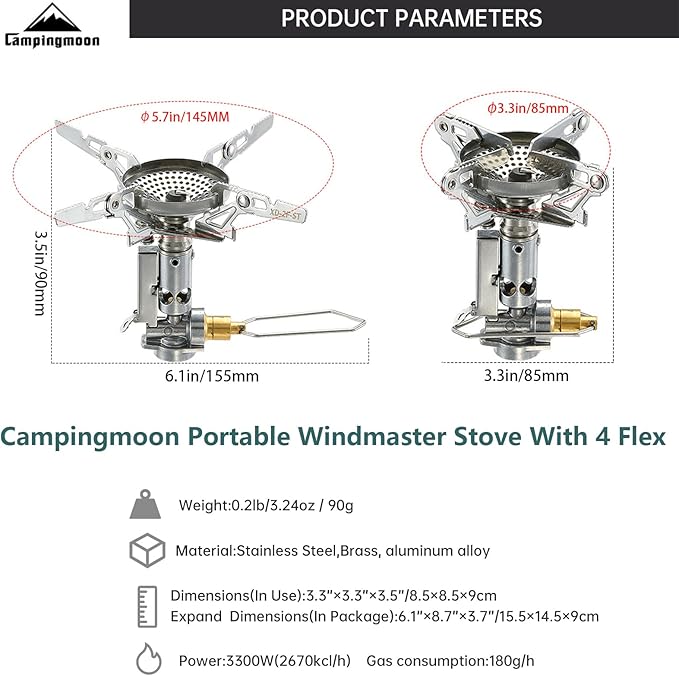CAMPINGMOON Canister Top Stove Portable Compact Foldable w/Micro Regulator w/4Flex w/igniter XD-2F (Silver)