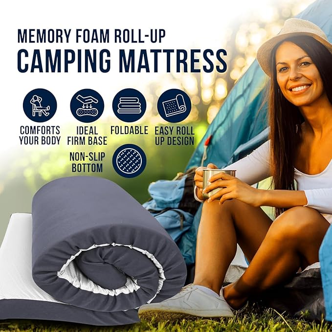 Foamma 4" x 26" x 72" High Density Roll-Up Camping Mattress with Water Resistant Zipper Cover, Foldable and Portable for Camping, RV Bunk, Tent, Guest Bed, Outdoor and Dorm, CertiPUR-US Certified Foam