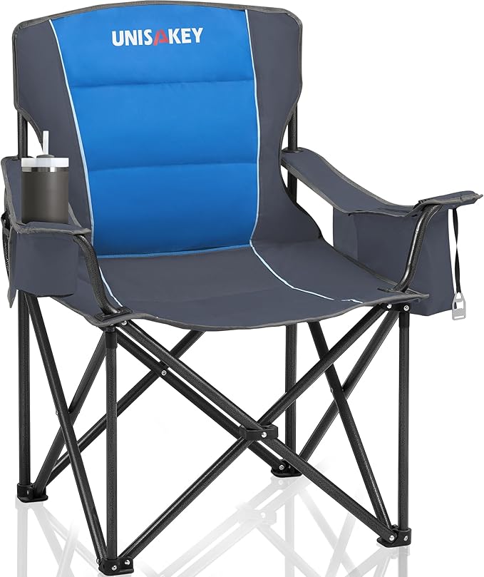 Oversized Folding Camping Chair for Adults - 450lbs Support - Heavy Duty Portable Lawn Chairs with Side Pocket Cup Holder Cooler Bag for Sports Garden Beach Fishing, Blue