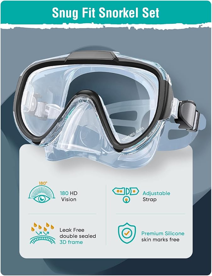 Snorkel Set Adults Snorkeling Gear Anti-Fog Panoramic View Swim Mask Dry Top Snorkel Kit with Carry Bag for Snorkeling Scuba Diving Swimming Travel
