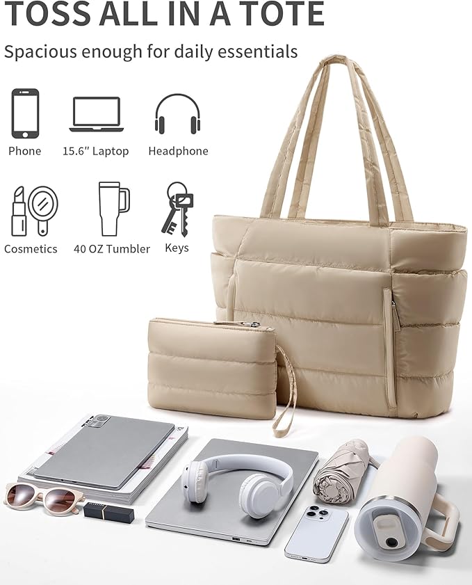 Puffer Tote Bag for Women, Lightweight Puffy Work Handbag Teacher Nurse Quilted Shoulder Bag for School Travel Gym