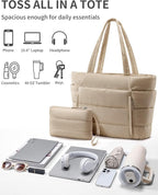 Puffer Tote Bag for Women, Lightweight Puffy Work Handbag Teacher Nurse Quilted Shoulder Bag for School Travel Gym