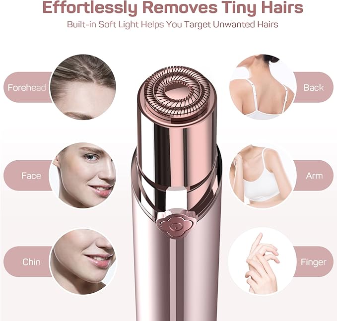 Facial Hair Removal for Women, Electric Painless Rechargeable Facial Hair Remover for Face, Lip, Chin with 2 x Replacement Heads