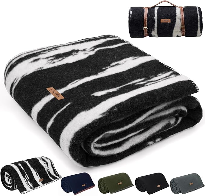 100% Wool Blanket, 48" x 62", Warm, Thick, Washable, Military Wool Blanket, Great for Camping, Outdoors, Sporting Events, Survival Kits,Black White Striped