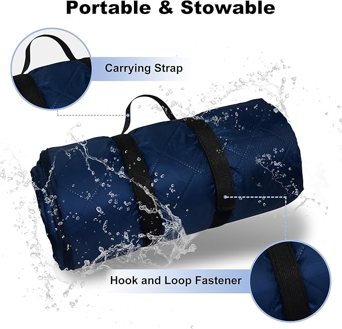 Waterproof Outdoor Blanket 92”X 60” Packable, Stadium Blankets for Camping with Quilted Fleece Lining, Large Windproof Emergency Throw Mat for Garss Picnic Hiking Road Trip, Machine Washable, Navy
