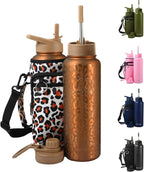 40 Oz Water Bottle with Strap Stainless Steel Sports Water Bottle with 3 Lids (Straw, Chug and Flip Lid) Insulated Leak Proof Metal Jug for Men & Women - Gold Leopard
