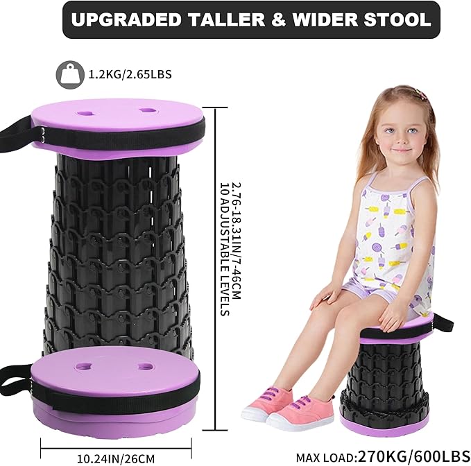 ALEVMOOM Collapsible Stool with Cushion, H18.3 D10.24 Portable Telescoping More Sturdy Load Capacity 600Lbs, Retractable Adjustable Camping Folding Stool for Outdoor Hiking BBQ Climb