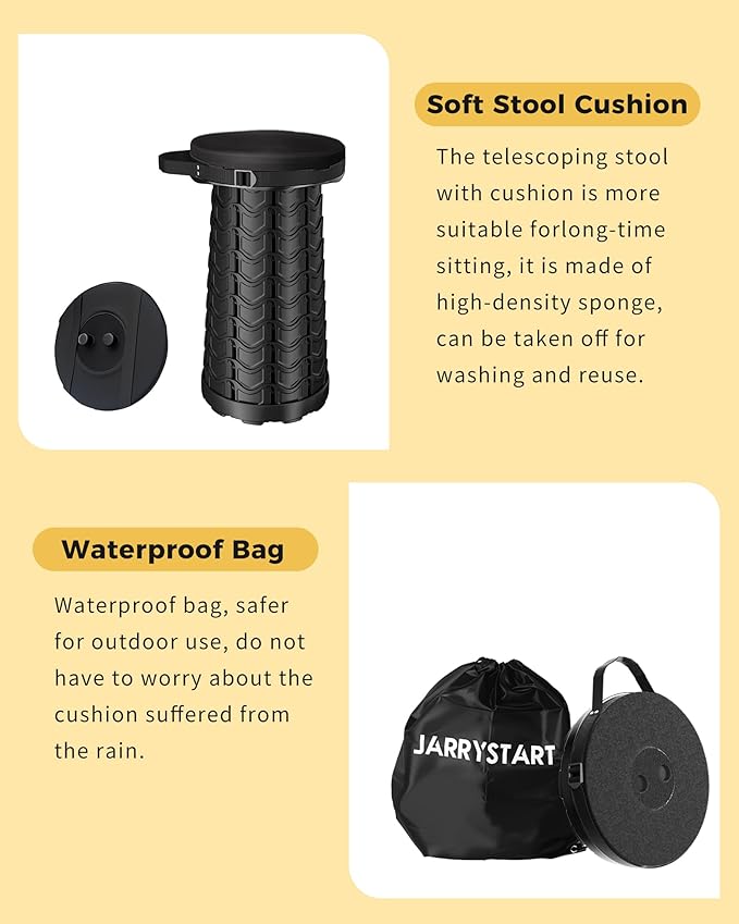 Upgraded 2PCS Collapsible Stool with Cushion & Waterproof Bag - 400lbs Heavy Duty Portable Folding Stool for Adults, Telescoping Camping Seat with Carrying Straps for Fishing Hiking Travel BBQ