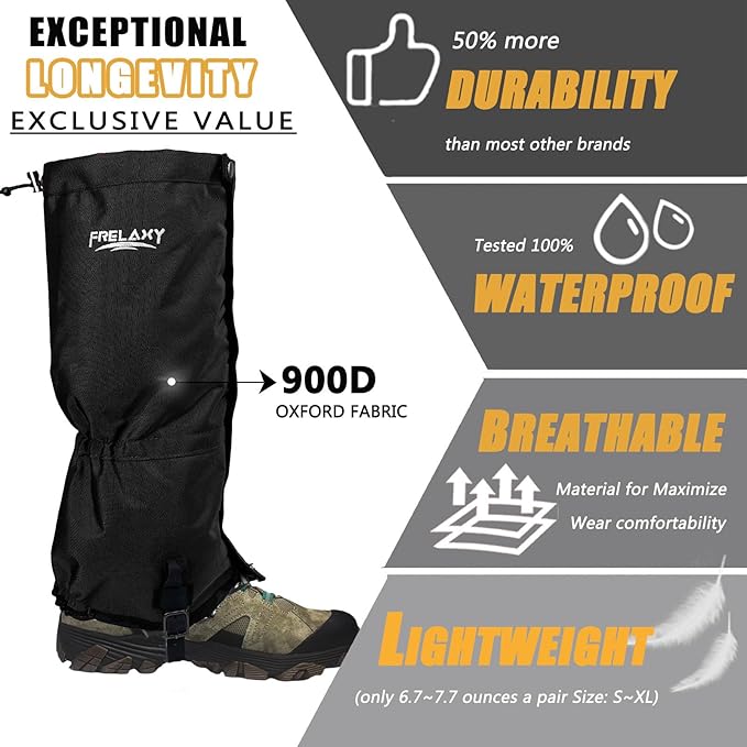 Frelaxy Leg Gaiters Ultra HIGH-Performance Hunting Gaiters, 100% Waterproof Hiking Gaiters with Upgraded Rubber Foot Strap, Adjustable Snow Boot Gaiters