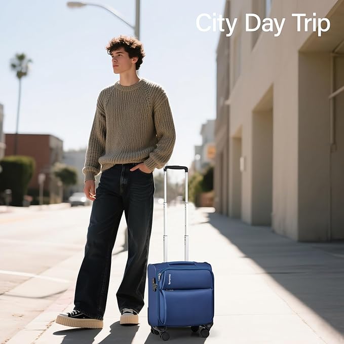 Hanke 16 Inch Underseat Carry On Luggage with Spinner Wheels Airline Approved, Small Rolling Suitcase Softside Underseater Lightweight TSA Travel Roller Suitcase Carry-On Bag(Blue)