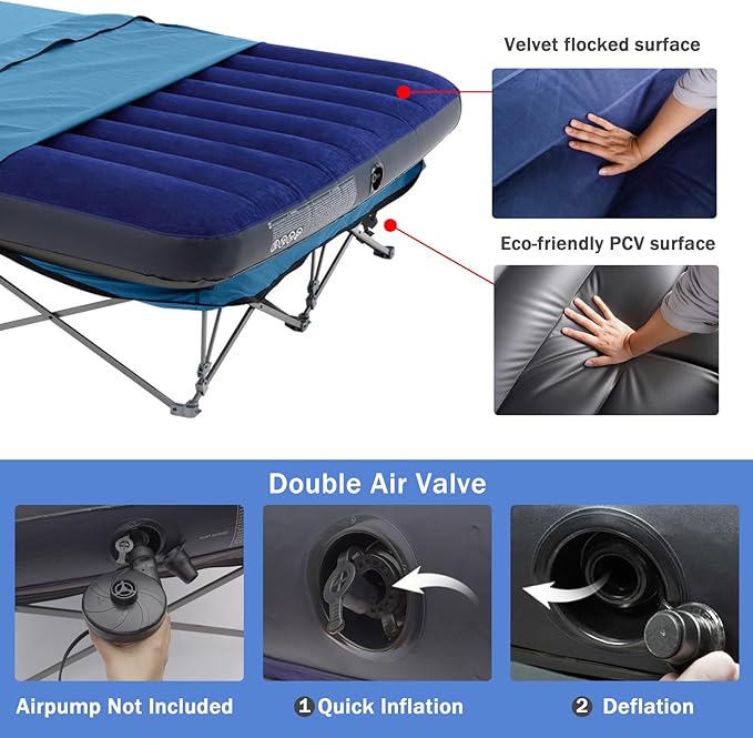 KAMPKEEPER Camping Cot,Camping Cots for Adults,Folding Camping Cot with Inflatable Air Mattress and Carry Bag,for Outdoor Travel Camp Beach Vacation (not Included The Airpump)