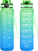 OLDLEY Water Bottle, 32oz Motivational Sports Water Bottle with Time Marker - Times to Drink - Tritan, BPA Free, Wide Mouth Leakproof, Greenish blue (1 Bottle)