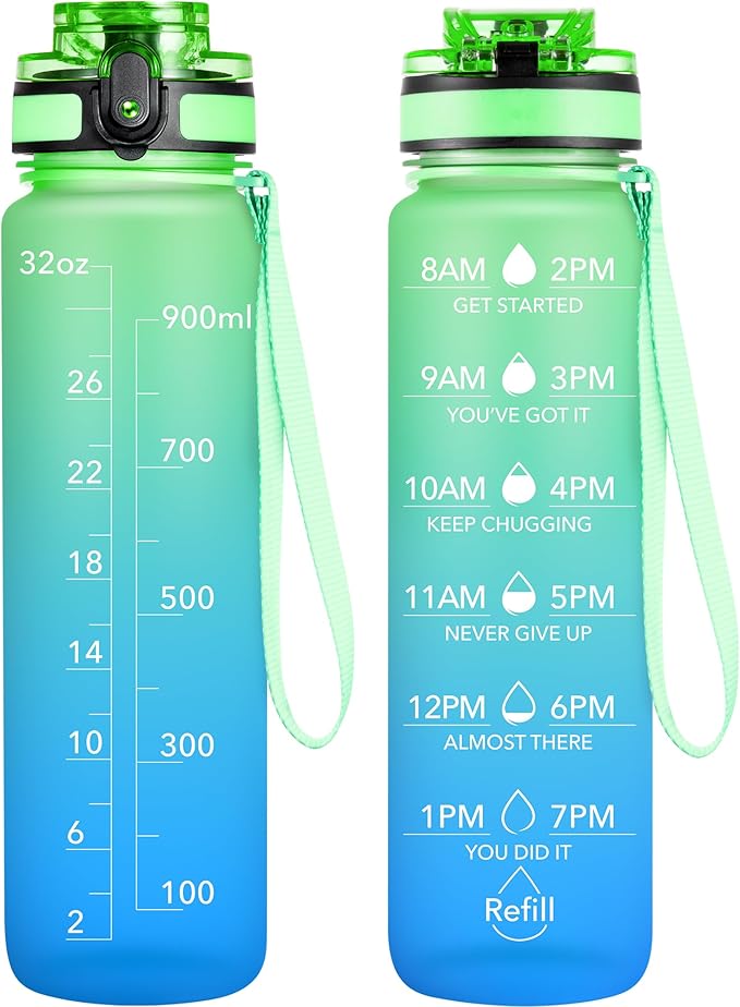 OLDLEY Water Bottle, 32oz Motivational Sports Water Bottle with Time Marker - Times to Drink - Tritan, BPA Free, Wide Mouth Leakproof, Greenish blue (1 Bottle)