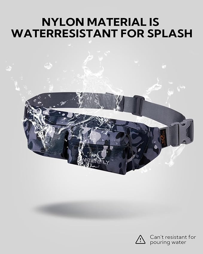 Waterfly Fanny Pack Slim Soft Polyester Water Resistant Waist Bag for Man Women Carrying iPhone Xs / 8 Plus Samsung S10 Plus/Note 8, Camouflage Black