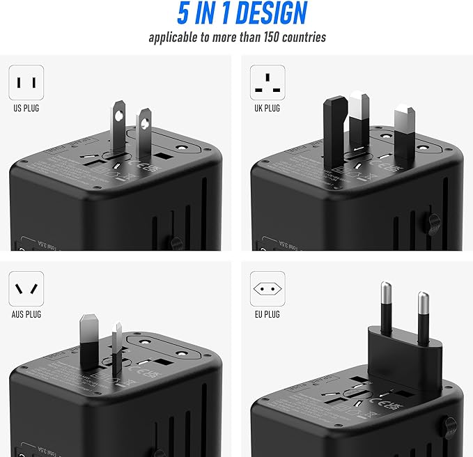 VYLEE Universal Travel Adapter, 5 in 1 International Power Adapter with 3.5A 2xUSB-A & 2xUSB-C Ports, Travel Plug Adapter Worldwide for Europe USA UK AUS Travel Essentials (Black Grey)