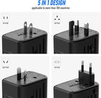 VYLEE Universal Travel Adapter, 5 in 1 International Power Adapter with 3.5A 2xUSB-A & 2xUSB-C Ports, Travel Plug Adapter Worldwide for Europe USA UK AUS Travel Essentials (Black Grey)